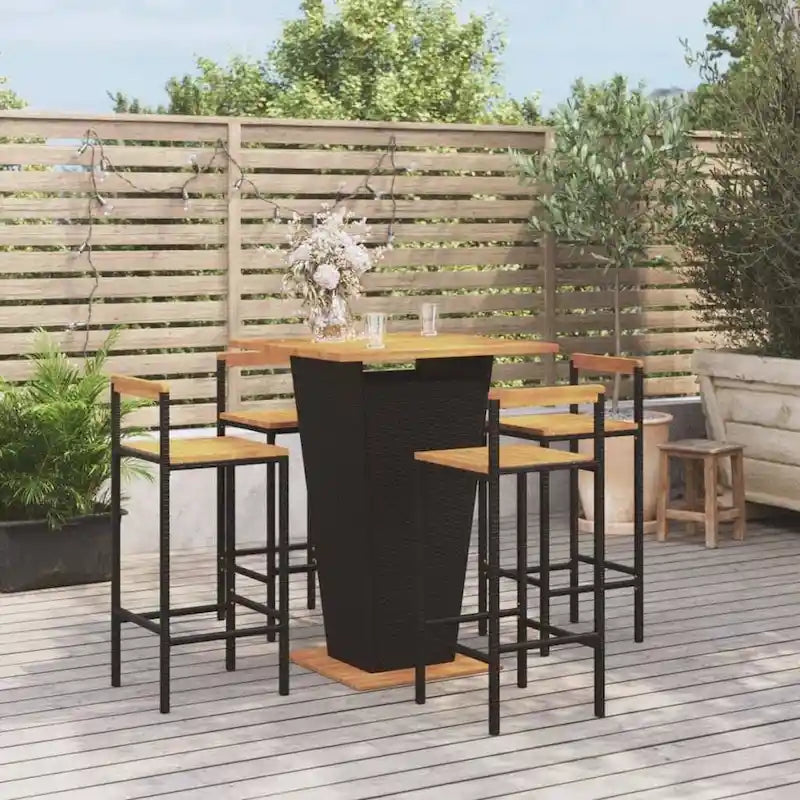 Ensemble de bar de patio 3 pièces vidaXL en polyrotin noir et bois d'acacia massif - 15,7 x 17,3 x 39,4