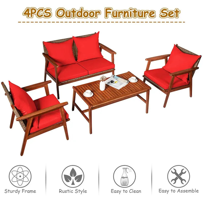 Ensemble de mobilier de jardin Costway 8 pièces en rotin, structure en bois d'acacia, coussins inclus