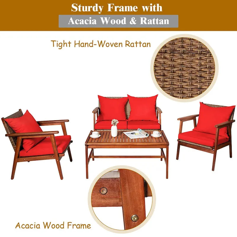 Ensemble de mobilier de jardin Costway 8 pièces en rotin, structure en bois d'acacia, coussins inclus