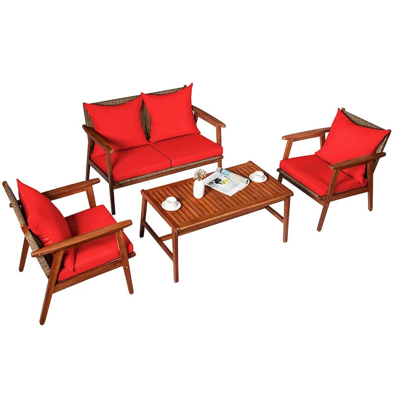 Ensemble de mobilier de jardin Costway 8 pièces en rotin, structure en bois d'acacia, coussins inclus