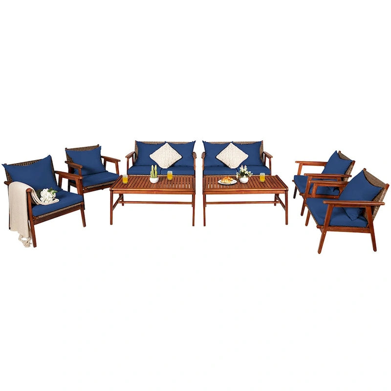 Ensemble de mobilier de jardin Costway 8 pièces en rotin, structure en bois d'acacia, coussins inclus