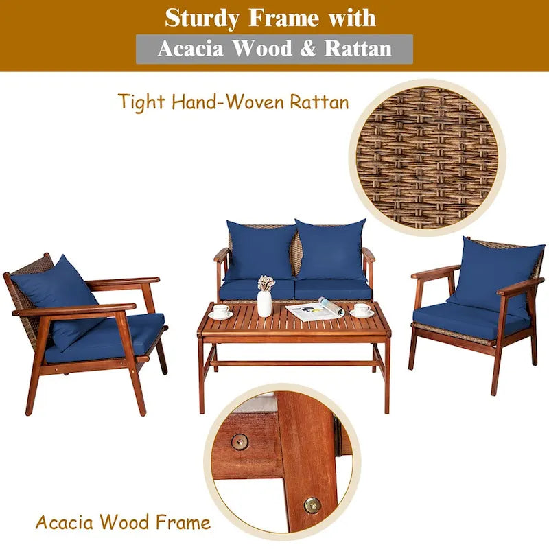 Ensemble de mobilier de jardin Costway 8 pièces en rotin, structure en bois d'acacia, coussins inclus