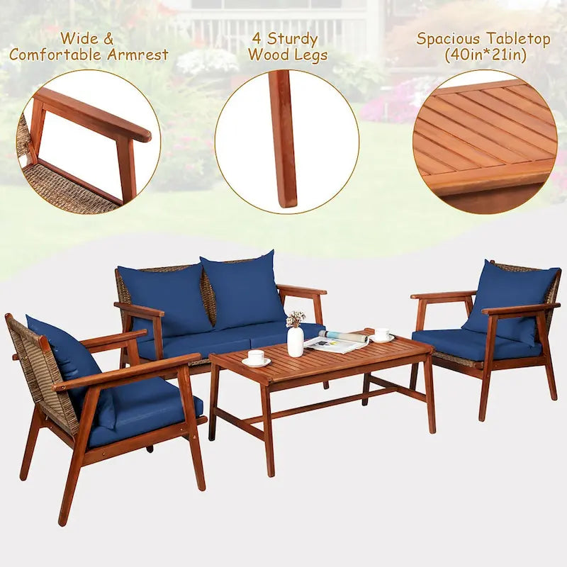 Ensemble de mobilier de jardin Costway 8 pièces en rotin, structure en bois d'acacia, coussins inclus