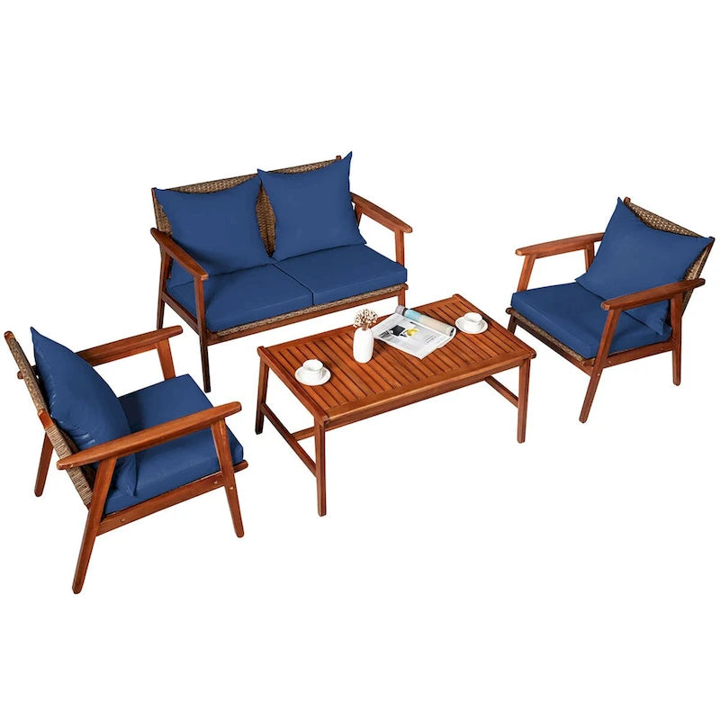 Ensemble de mobilier de jardin Costway 8 pièces en rotin, structure en bois d'acacia, coussins inclus
