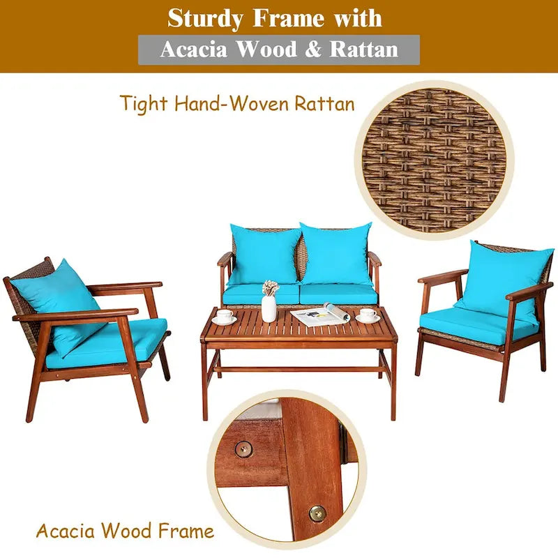 Ensemble de mobilier de jardin Costway 8 pièces en rotin, structure en bois d'acacia, coussins inclus