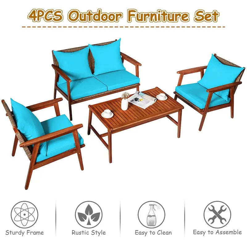 Ensemble de mobilier de jardin Costway 8 pièces en rotin, structure en bois d'acacia, coussins inclus