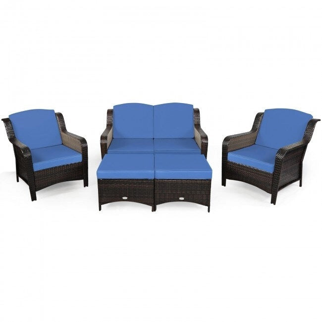 Ensemble de canapé de patio en rotin 5 pièces avec coussin et pouf - 51 x 33,5 x 33 (L x l x H)