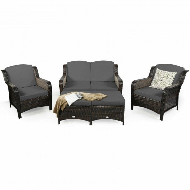 Ensemble de canapé de patio en rotin 5 pièces avec coussin et pouf - 51 x 33,5 x 33 (L x l x H)