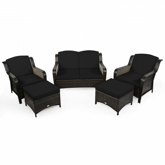 Ensemble de canapé de patio en rotin 5 pièces avec coussin et pouf - 51 x 33,5 x 33 (L x l x H)