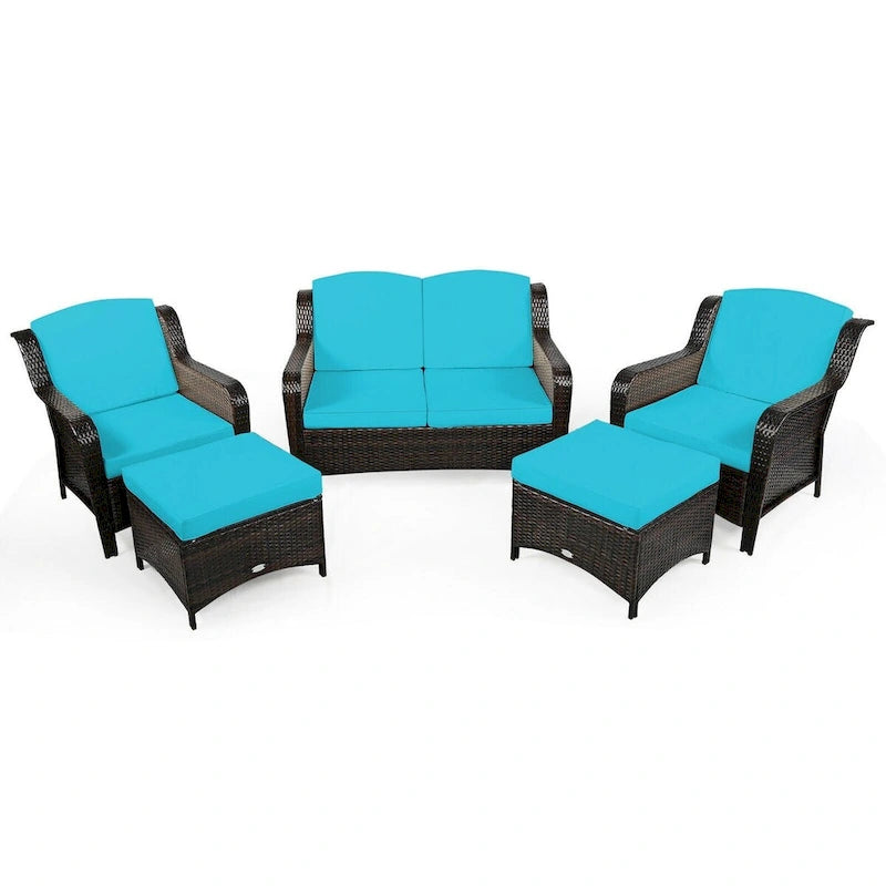 Ensemble de canapé de patio en rotin 5 pièces avec coussin et pouf - 51 x 33,5 x 33 (L x l x H)