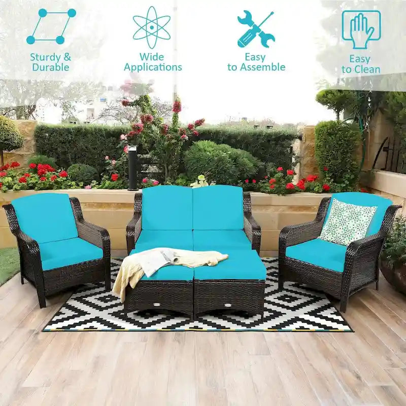 Ensemble de canapé de patio en rotin 5 pièces avec coussin et pouf - 51 x 33,5 x 33 (L x l x H)