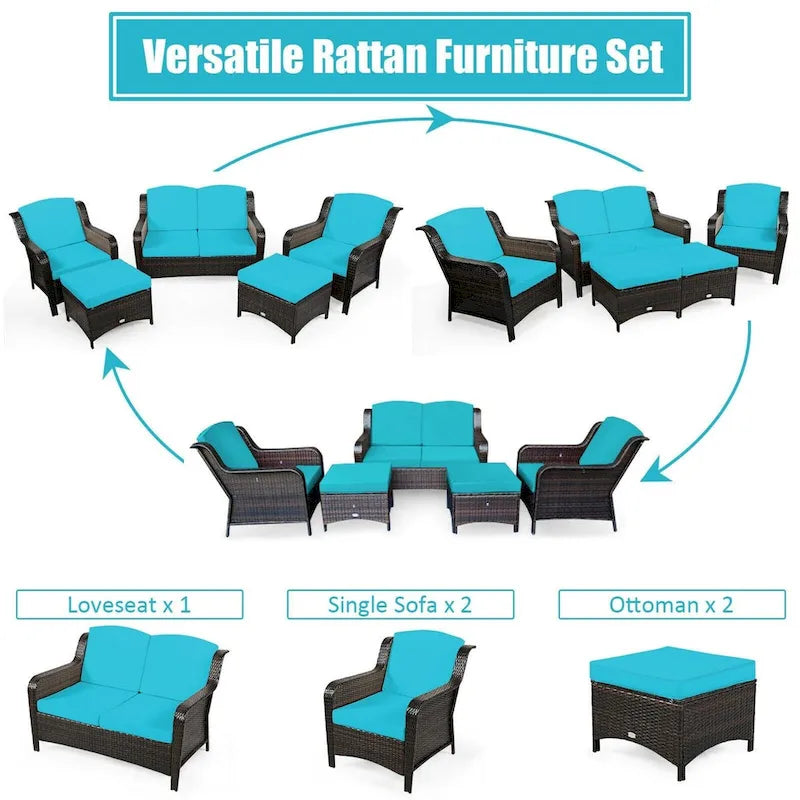 Ensemble de canapé de patio en rotin 5 pièces avec coussin et pouf - 51 x 33,5 x 33 (L x l x H)