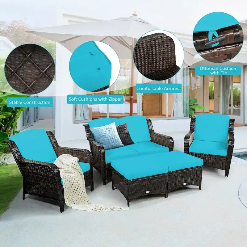 Ensemble de canapé de patio en rotin 5 pièces avec coussin et pouf - 51 x 33,5 x 33 (L x l x H)
