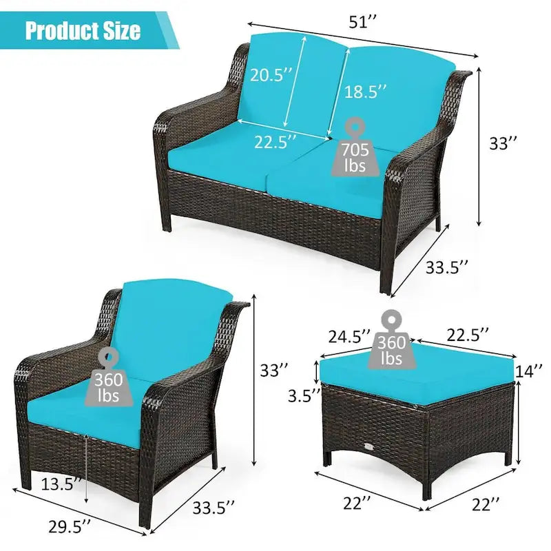 Ensemble de canapé de patio en rotin 5 pièces avec coussin et pouf - 51 x 33,5 x 33 (L x l x H)