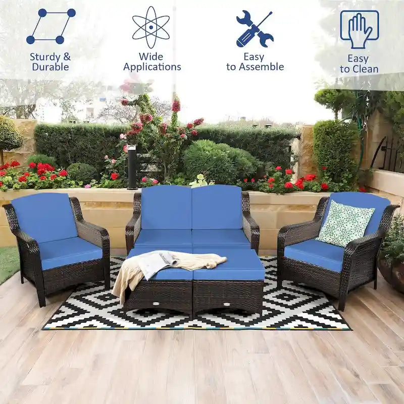 Ensemble de canapé de patio en rotin 5 pièces avec coussin et pouf - 51 x 33,5 x 33 (L x l x H)