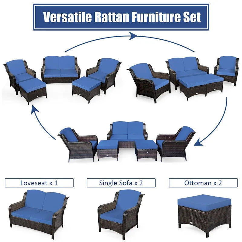 Ensemble de canapé de patio en rotin 5 pièces avec coussin et pouf - 51 x 33,5 x 33 (L x l x H)