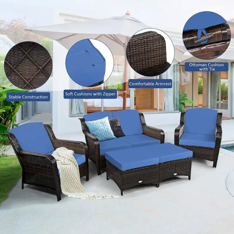 Ensemble de canapé de patio en rotin 5 pièces avec coussin et pouf - 51 x 33,5 x 33 (L x l x H)