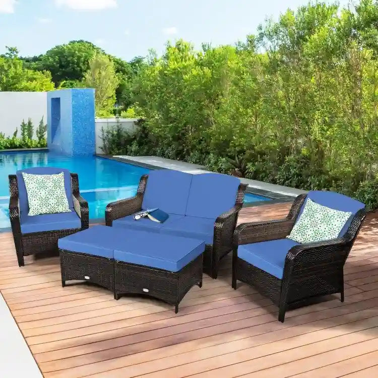 Ensemble de canapé de patio en rotin 5 pièces avec coussin et pouf - 51 x 33,5 x 33 (L x l x H)