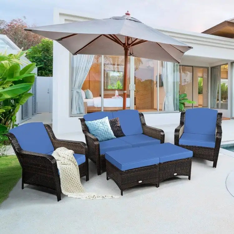 Ensemble de canapé de patio en rotin 5 pièces avec coussin et pouf - 51 x 33,5 x 33 (L x l x H)