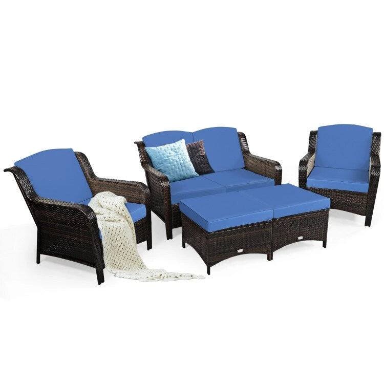Ensemble de canapé de patio en rotin 5 pièces avec coussin et pouf - 51 x 33,5 x 33 (L x l x H)