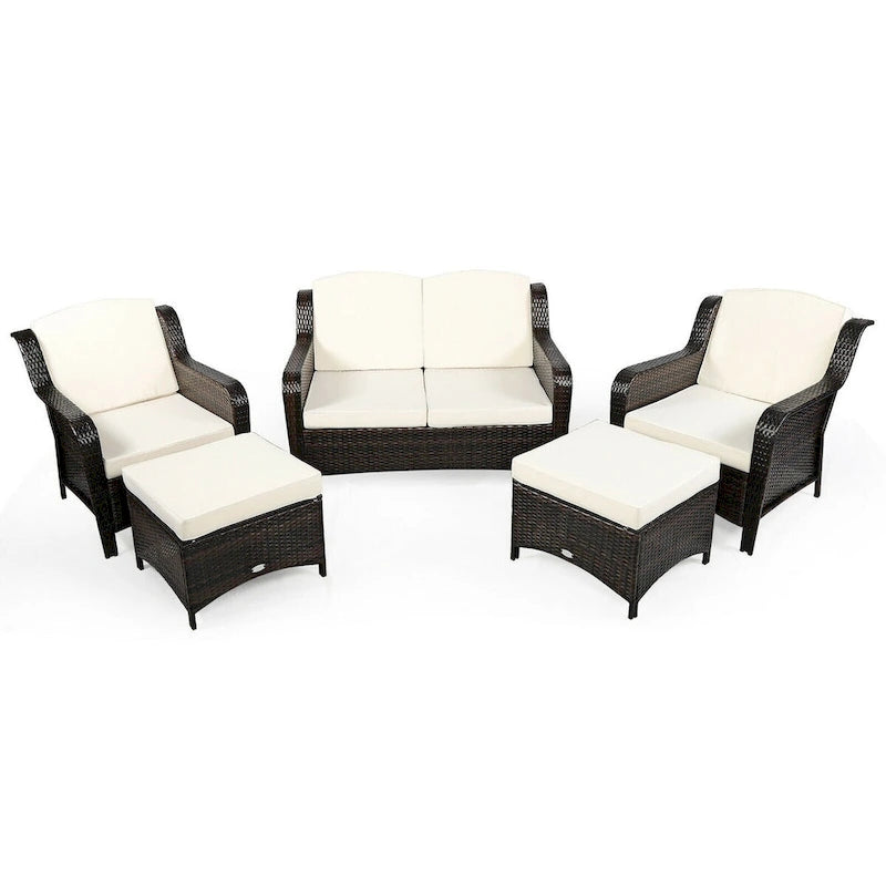 Ensemble de canapé de patio en rotin 5 pièces avec coussin et pouf - 51 x 33,5 x 33 (L x l x H)