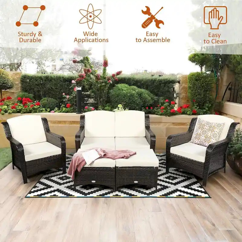 Ensemble de canapé de patio en rotin 5 pièces avec coussin et pouf - 51 x 33,5 x 33 (L x l x H)