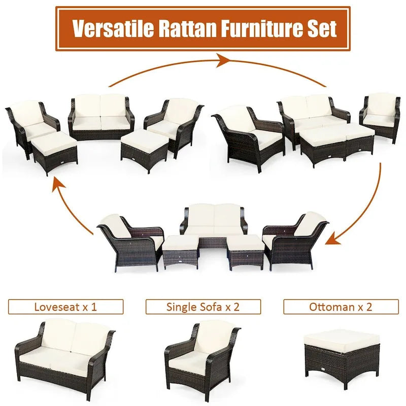 Ensemble de canapé de patio en rotin 5 pièces avec coussin et pouf - 51 x 33,5 x 33 (L x l x H)
