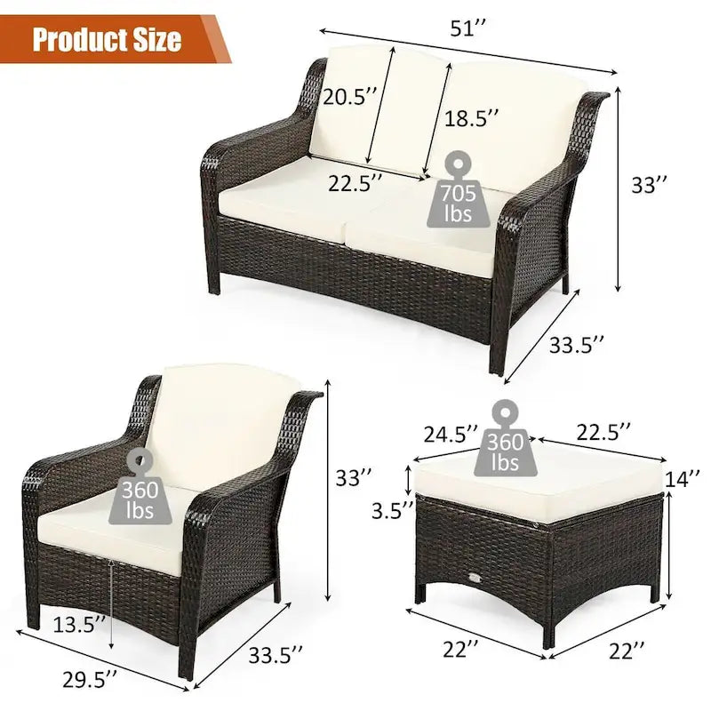 Ensemble de canapé de patio en rotin 5 pièces avec coussin et pouf - 51 x 33,5 x 33 (L x l x H)