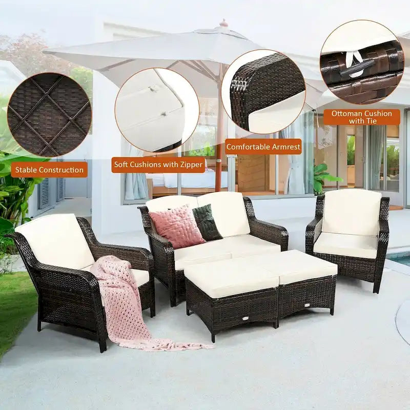 Ensemble de canapé de patio en rotin 5 pièces avec coussin et pouf - 51 x 33,5 x 33 (L x l x H)