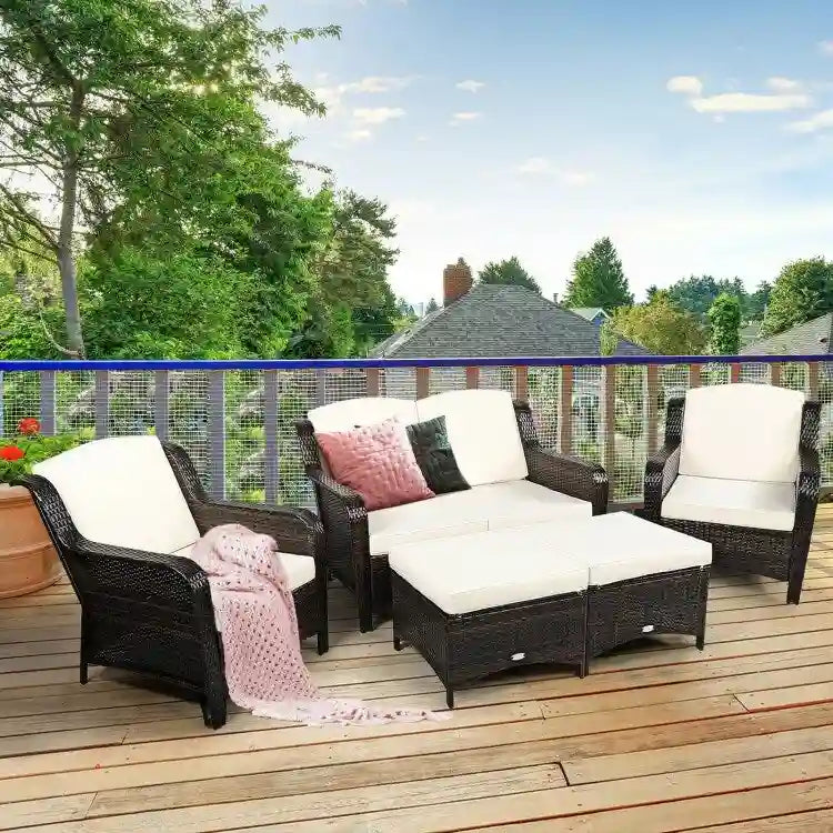Ensemble de canapé de patio en rotin 5 pièces avec coussin et pouf - 51 x 33,5 x 33 (L x l x H)
