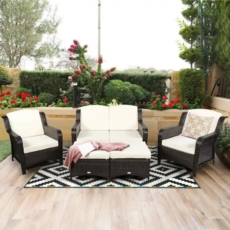 Ensemble de canapé de patio en rotin 5 pièces avec coussin et pouf - 51 x 33,5 x 33 (L x l x H)