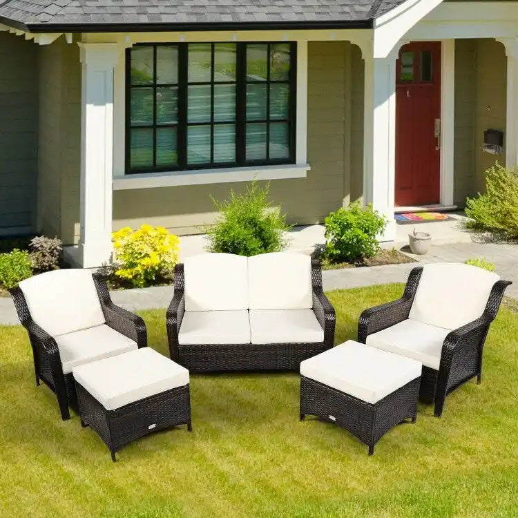Ensemble de canapé de patio en rotin 5 pièces avec coussin et pouf - 51 x 33,5 x 33 (L x l x H)