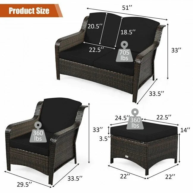 Ensemble de canapé de patio en rotin 5 pièces avec coussin et pouf - 51 x 33,5 x 33 (L x l x H)