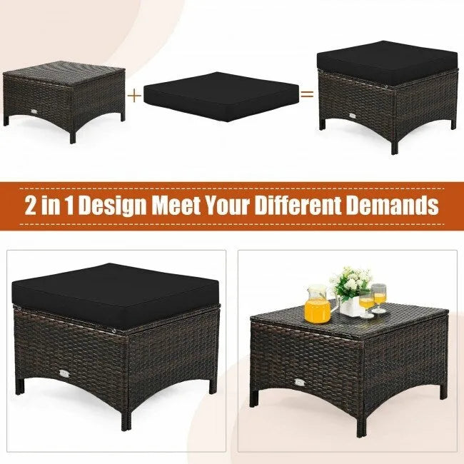 Ensemble de canapé de patio en rotin 5 pièces avec coussin et pouf - 51 x 33,5 x 33 (L x l x H)