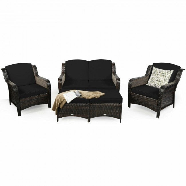 Ensemble de canapé de patio en rotin 5 pièces avec coussin et pouf - 51 x 33,5 x 33 (L x l x H)