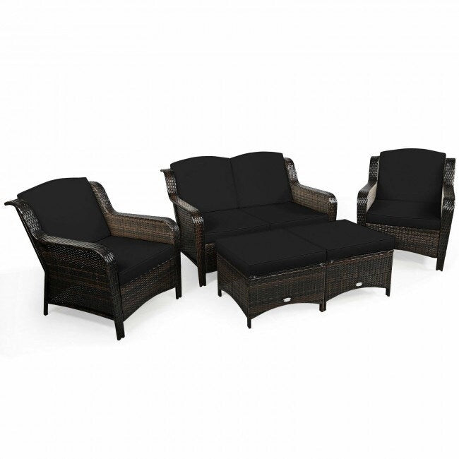 Ensemble de canapé de patio en rotin 5 pièces avec coussin et pouf - 51 x 33,5 x 33 (L x l x H)