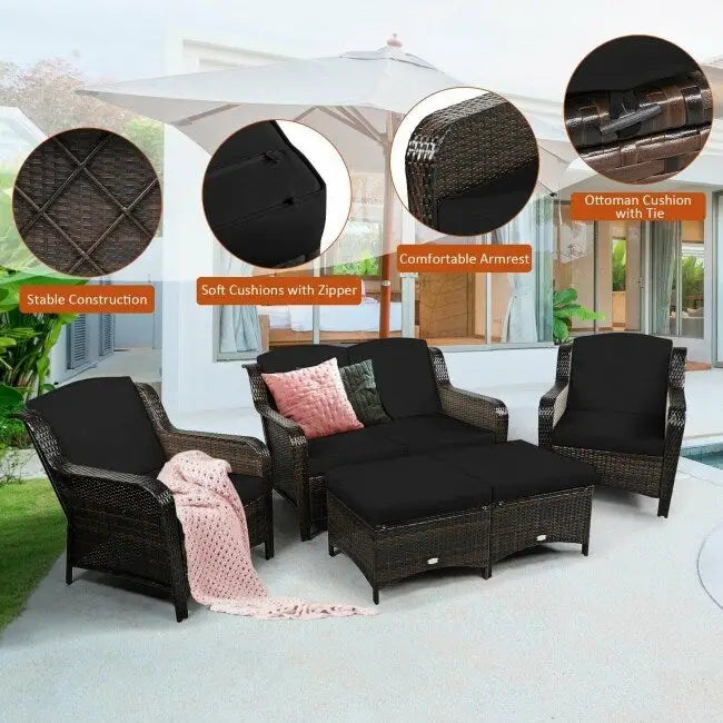 Ensemble de canapé de patio en rotin 5 pièces avec coussin et pouf - 51 x 33,5 x 33 (L x l x H)