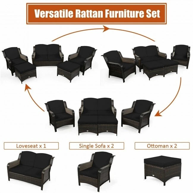 Ensemble de canapé de patio en rotin 5 pièces avec coussin et pouf - 51 x 33,5 x 33 (L x l x H)