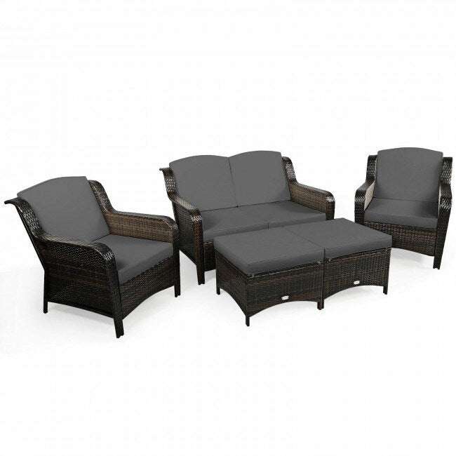 Ensemble de canapé de patio en rotin 5 pièces avec coussin et pouf - 51 x 33,5 x 33 (L x l x H)