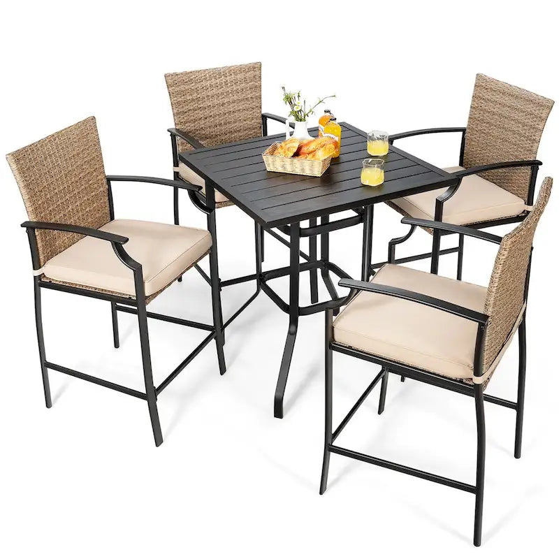 Ensemble bistro d'extérieur Costway 5 pièces comprenant table et tabourets de bar en rotin - Voir les détails