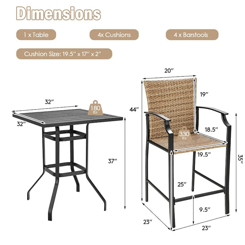 Ensemble bistro d'extérieur Costway 5 pièces comprenant table et tabourets de bar en rotin - Voir les détails
