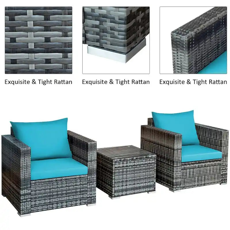 Ensemble de canapé bistro en rotin 3 pièces avec coussins - 28,5 (L) x 27,5 (l) x 27 (H)