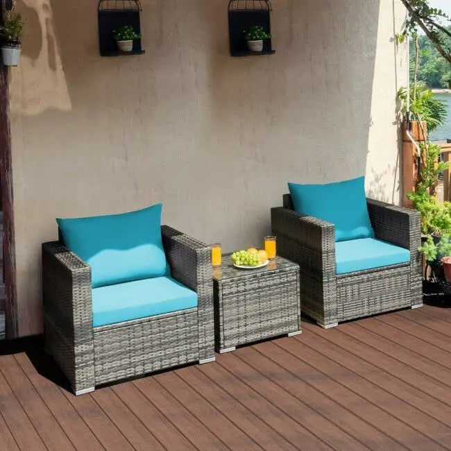 Ensemble de canapé bistro en rotin 3 pièces avec coussins - 28,5 (L) x 27,5 (l) x 27 (H)