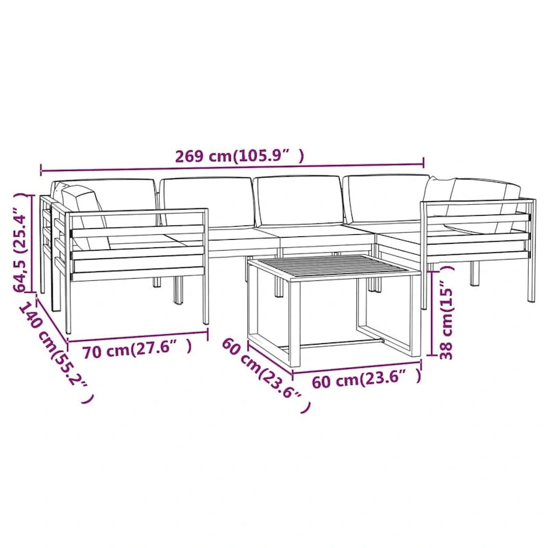 Ensemble de salon de jardin modulable vidaXL avec table et canapé d'angle en aluminium anthracite - 70 x 70 x 65 cm