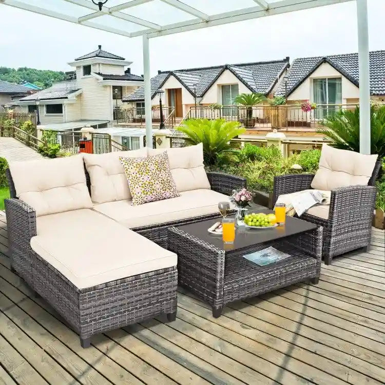 Ensemble de mobilier de jardin en rotin 4 pièces avec coussin et étagère de table - 27,5 x 47 x 30 (L x l x H)