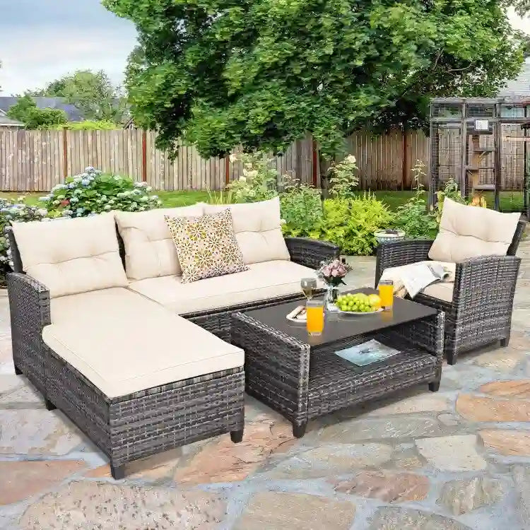 Ensemble de mobilier de jardin en rotin 4 pièces avec coussin et étagère de table - 27,5 x 47 x 30 (L x l x H)