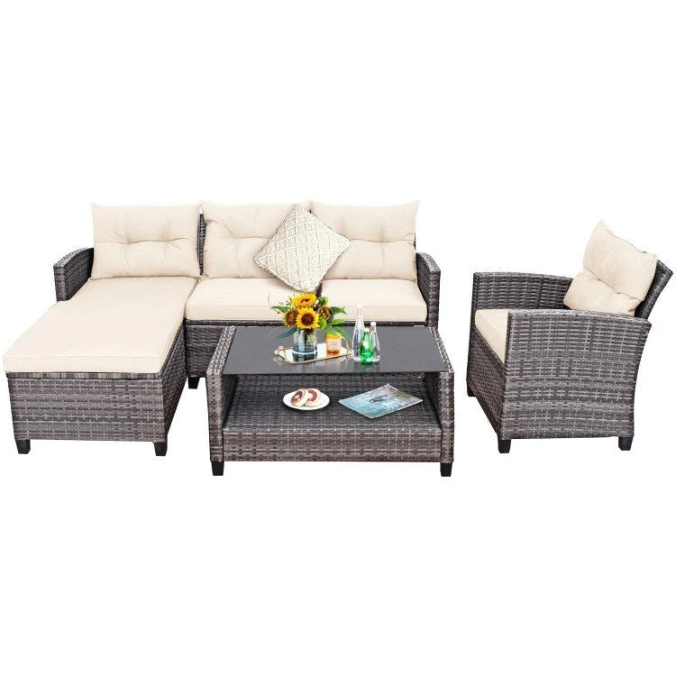 Ensemble de mobilier de jardin en rotin 4 pièces avec coussin et étagère de table - 27,5 x 47 x 30 (L x l x H)
