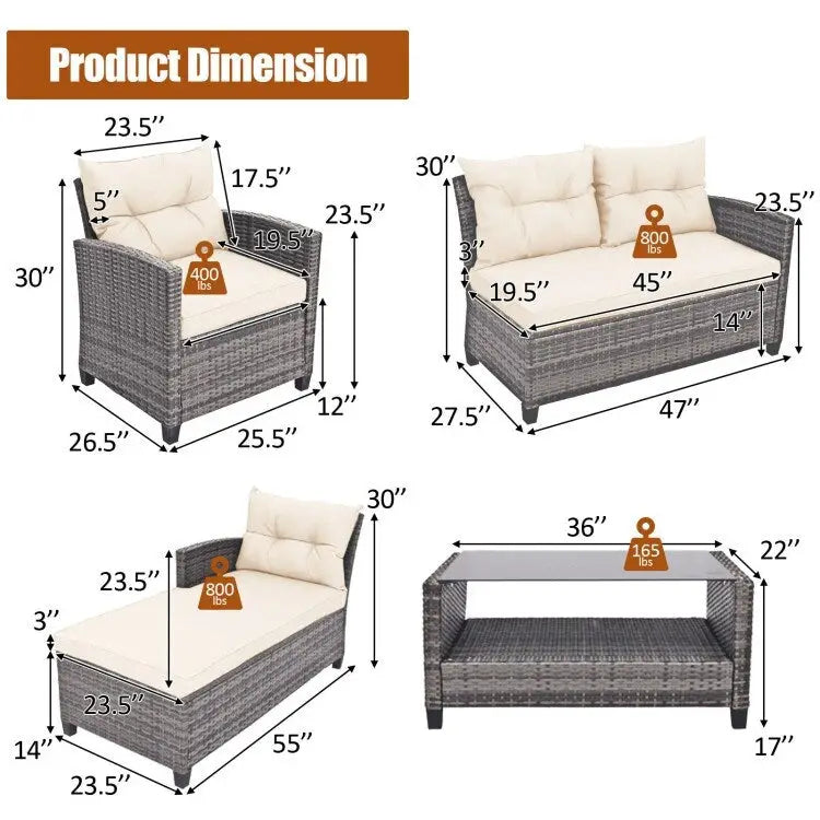 Ensemble de mobilier de jardin en rotin 4 pièces avec coussin et étagère de table - 27,5 x 47 x 30 (L x l x H)