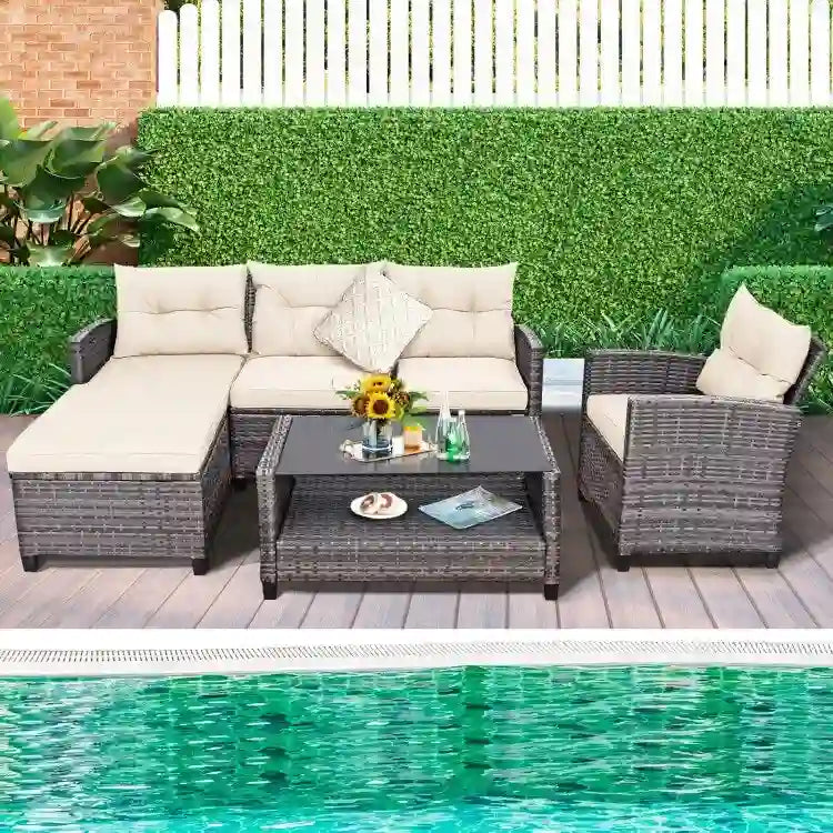 Ensemble de mobilier de jardin en rotin 4 pièces avec coussin et étagère de table - 27,5 x 47 x 30 (L x l x H)