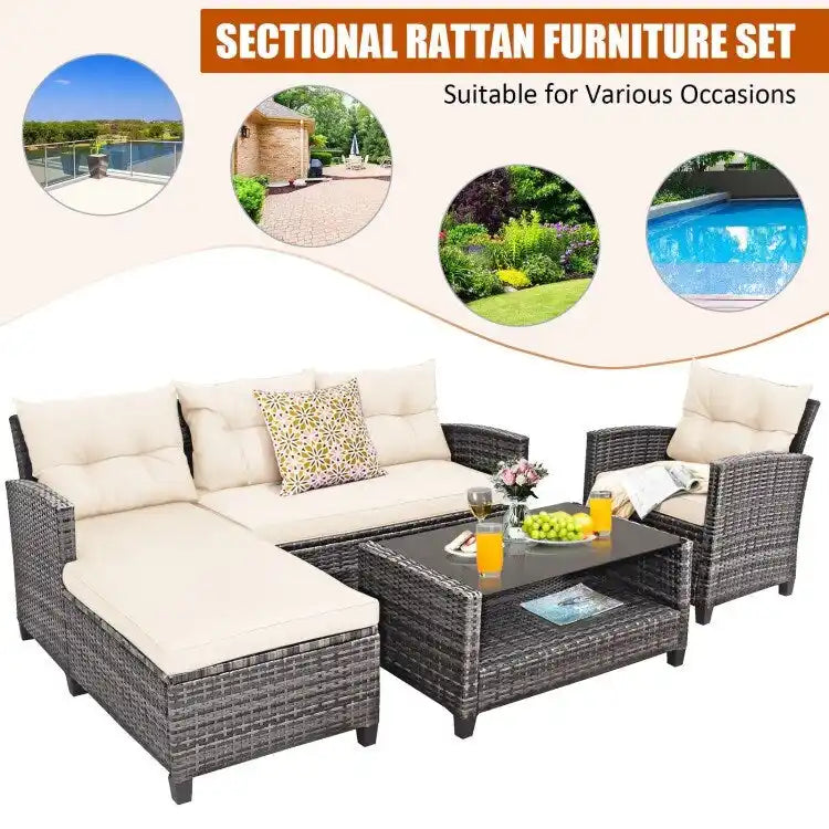 Ensemble de mobilier de jardin en rotin 4 pièces avec coussin et étagère de table - 27,5 x 47 x 30 (L x l x H)